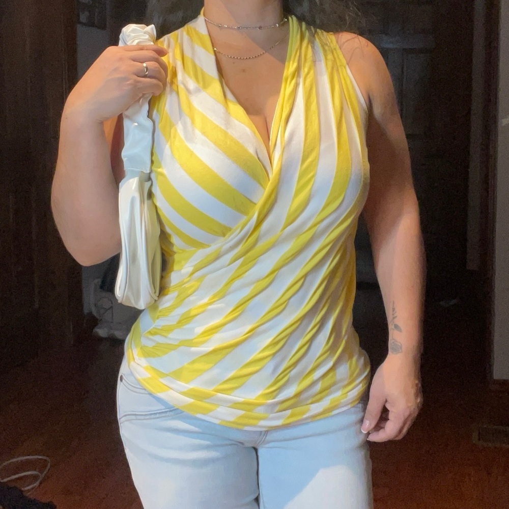 bebe Yellow and White Striped Blouse